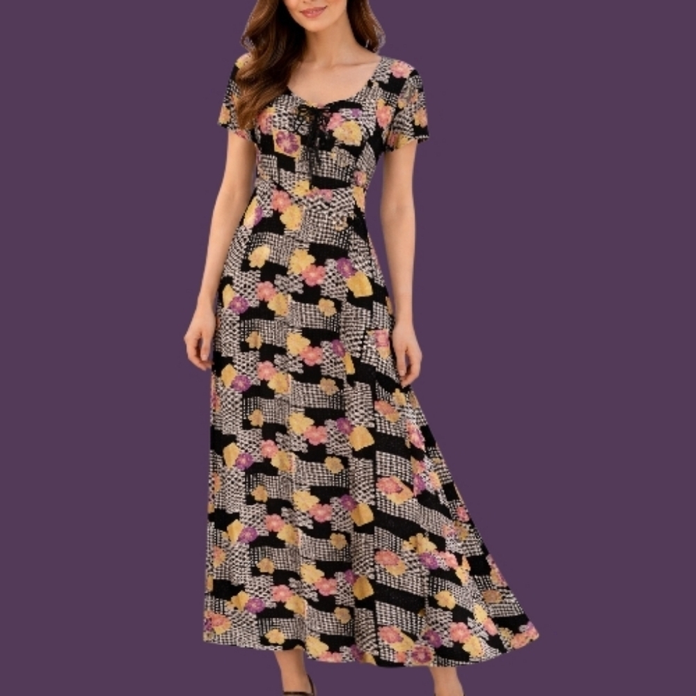Vtg STARINA 1990s Mixed Pattern Floral Patchwork Lace-up Maxi Prairie Dress